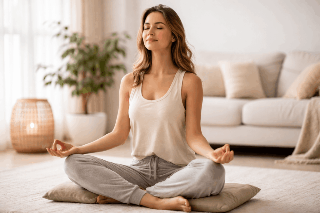 Meditation für Anfänger – entspannte Frau meditiert ruhig in natürlicher Atmosphäre für mehr innere Ruhe und Stressabbau