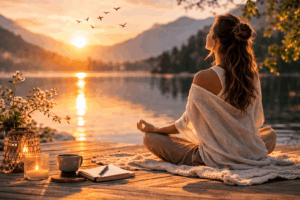 Meditation für Anfänger in der Natur – Frau meditiert entspannt am See bei Sonnenaufgang für mehr innere Ruhe und Stressabbau