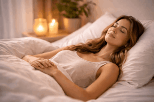 5-Minuten-Meditation für Anfänger – Frau sitzt ruhig im Schneidersitz und konzentriert sich auf ihren Atem zur schnellen Entspannung