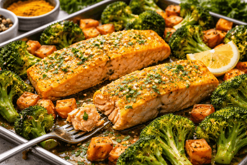 Kurkuma-Ingwer-Lachs aus dem Ofen mit Süßkartoffeln und Brokkoli – gesundes entzündungshemmendes Lachs Rezept mit Omega-3