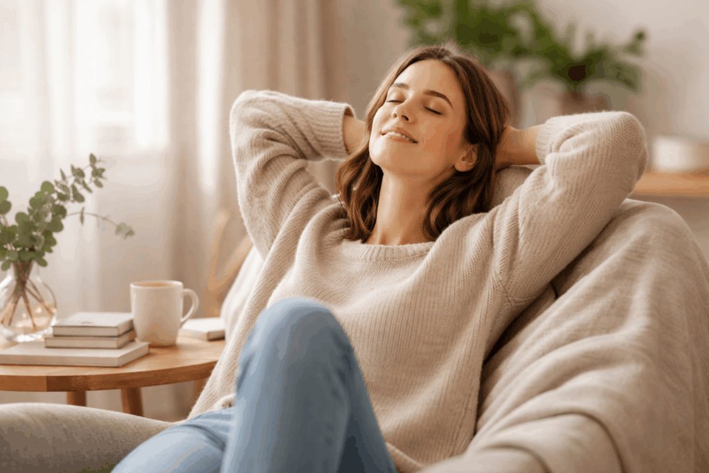 Frau entspannt im Sessel bei Atemübung – schnelle Entspannungsübungen gegen Stress