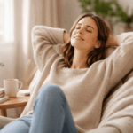 5 schnelle Entspannungsübungen für stressige Tage Frau entspannt im Sessel bei Atemübung – schnelle Entspannungsübungen gegen Stress