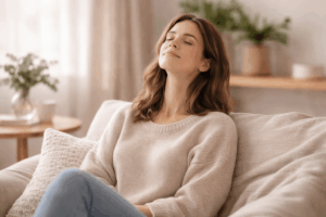 Frau entspannt sich auf dem Sofa und atmet ruhig – schnelle Entspannungsübungen gegen Stress