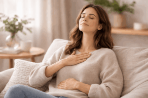 Frau macht ruhige Atemübung auf dem Sofa – 4-6-Atmung gegen Stress und zur Beruhigung des Nervensystems