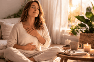 Frau sitzt im Schneidersitz mit Hand auf Herz und Bauch – Entspannungsübung zum Nervensystem beruhigen