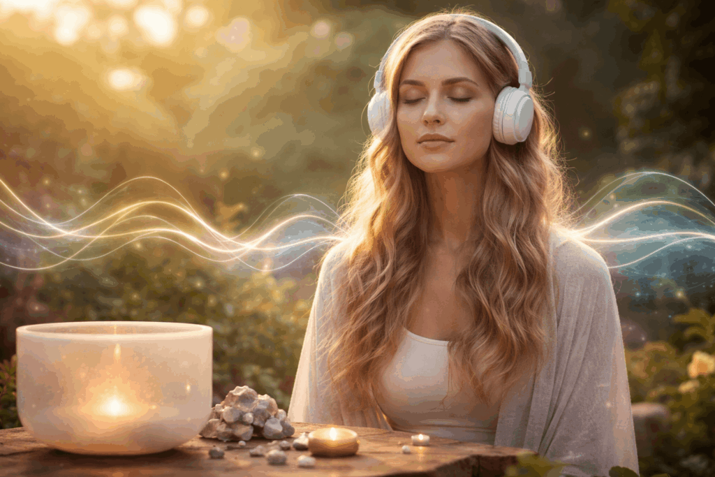 Frau sitzt entspannt mit geschlossenen Augen und Kopfhörern in ruhiger Atmosphäre und hört heilende Frequenzen zur Beruhigung des Nervensystems