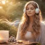 Frau sitzt entspannt mit geschlossenen Augen und Kopfhörern in ruhiger Atmosphäre und hört heilende Frequenzen zur Beruhigung des Nervensystems