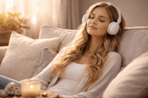 Entspannte Frau mit geschlossenen Augen hört über Kopfhörer beruhigende Musik und heilende Frequenzen zur Entspannung des Nervensystems