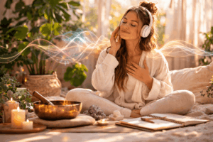 Frau meditiert entspannt mit Kopfhörern und hört heilende Frequenzen zur Beruhigung des Nervensystems