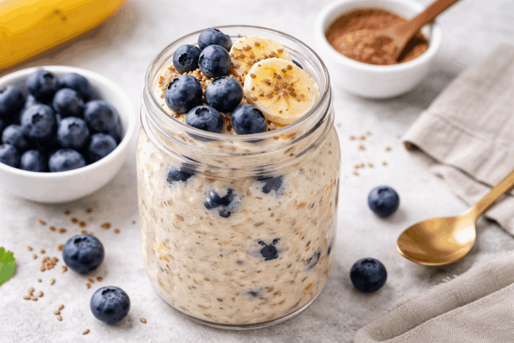 Darmfreundliche Overnight Oats mit Banane und Heidelbeeren im Glas, gesundes Meal-Prep Frühstück mit Haferflocken und Beeren