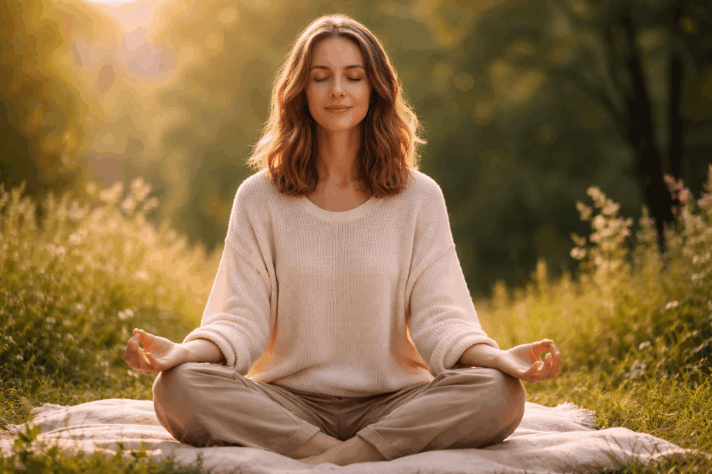Frau sitzt ruhig mit geschlossenen Augen und praktiziert Achtsamkeit Meditation gegen innere Unruhe in warmem, natürlichem Licht