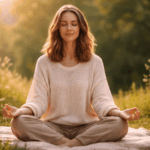Frau sitzt ruhig mit geschlossenen Augen und praktiziert Achtsamkeit Meditation gegen innere Unruhe in warmem, natürlichem Licht