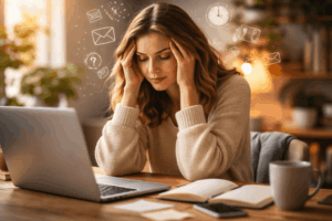 Frau sitzt gestresst am Laptop mit vielen Gedanken und zeigt typische Symptome von innerer Unruhe und mentalem Stress im Alltag