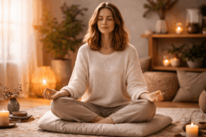 Frau sitzt entspannt im Schneidersitz und praktiziert eine 5 Minuten Achtsamkeit Meditation zur Beruhigung von innerer Unruhe