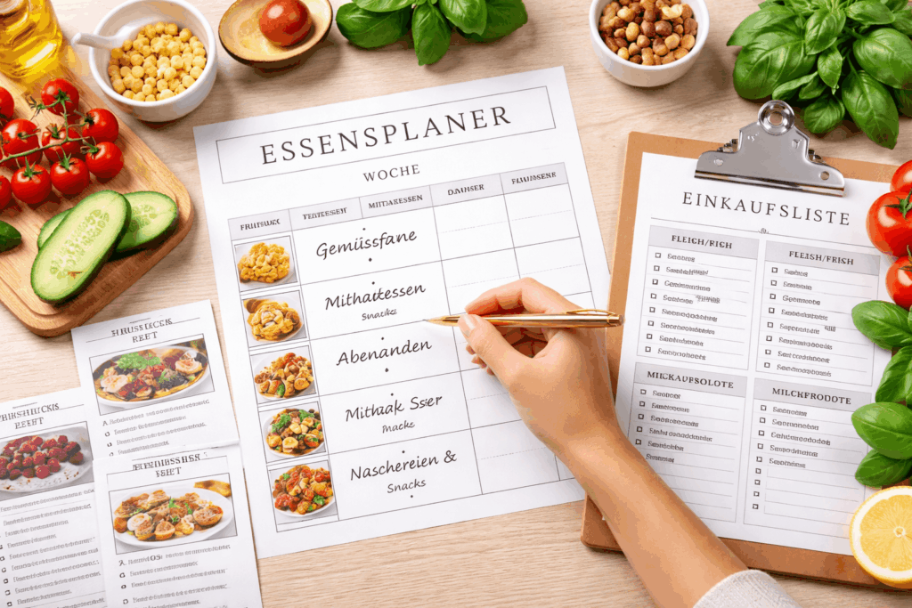 Mahlzeitenplaner Wochenplan mit Einkaufsliste und frischen Zutaten auf Küchentisch zur Planung von Meal Prep und stressfreiem Kochen im Alltag