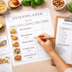 Mahlzeitenplaner Wochenplan mit Einkaufsliste und frischen Zutaten auf Küchentisch zur Planung von Meal Prep und stressfreiem Kochen im Alltag