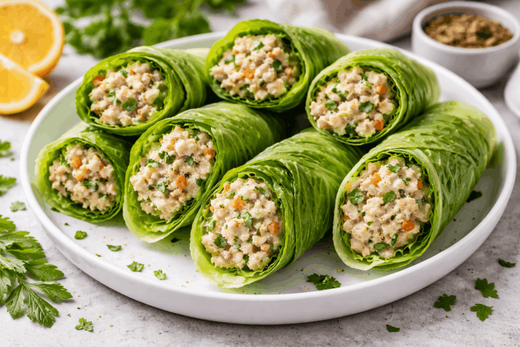 Thunfisch Salat Wraps Low Carb eingerollt in Salatblättern gesund und entzündungshemmend