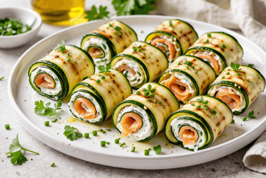 Zucchini Röllchen Low Carb mit Frischkäse gesund entzündungshemmend leichtes Rezept
