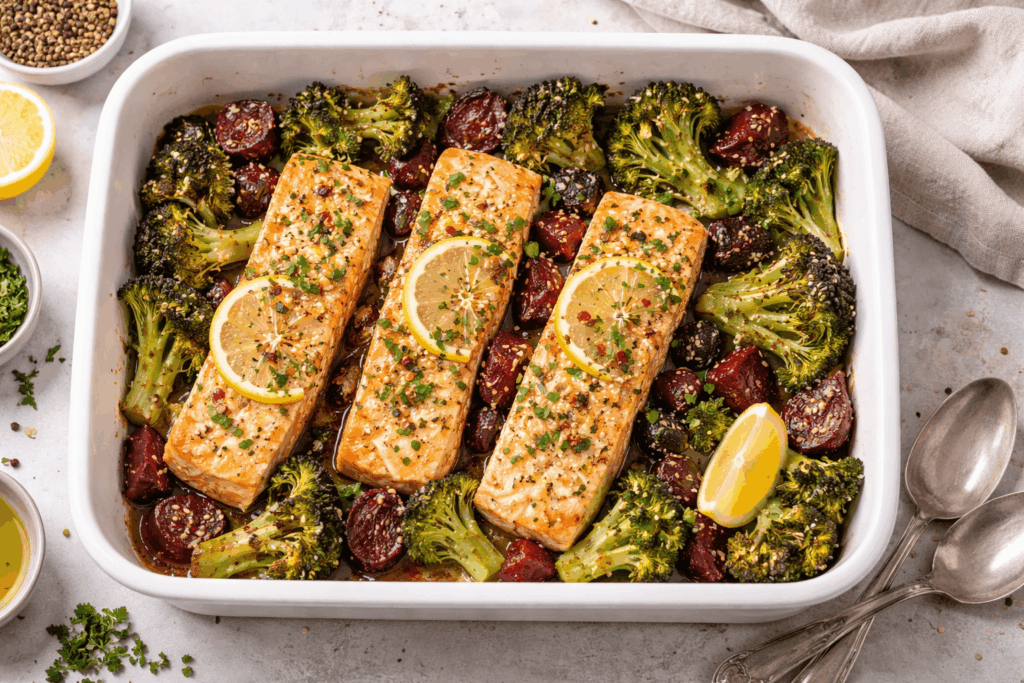 Knoblauch-Butter-Lachs aus dem Ofen mit Roter Bete und Brokkoli in einer weißen Auflaufform – entzündungshemmendes, gesundes Abendessen mit Omega-3 und frischem Gemüse.