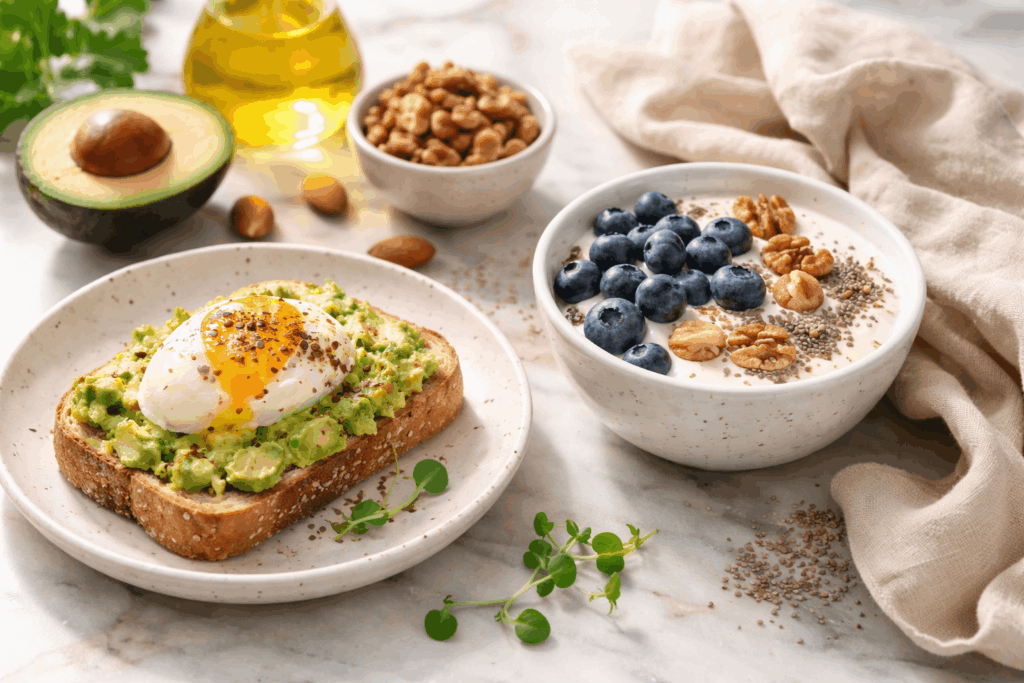 Low Carb Frühstück mit Avocado, Ei, Joghurt, Nüssen und Beeren zur Unterstützung von Nervensystem und stabilem Blutzucker
