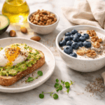 Low Carb Frühstück mit Avocado, Ei, Joghurt, Nüssen und Beeren zur Unterstützung von Nervensystem und stabilem Blutzucker