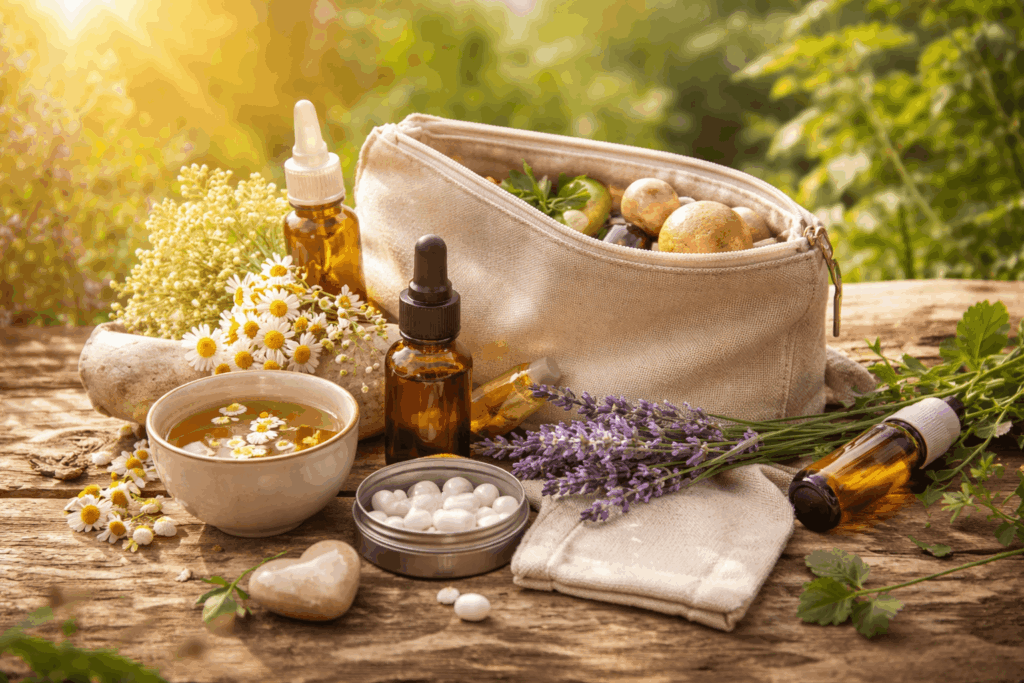 Natürliche Reiseapotheke mit ätherischen Ölen, Kräutern, Tee und Magnesium für Entspannung unterwegs