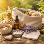 Natürliche Reiseapotheke mit ätherischen Ölen, Kräutern, Tee und Magnesium für Entspannung unterwegs