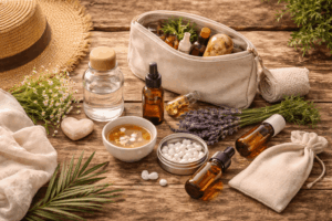 Reiseapotheke Checkliste natürlich mit Tasche, ätherischen Ölen, Kräutern, Tee und Magnesium für stressfreies Reisen