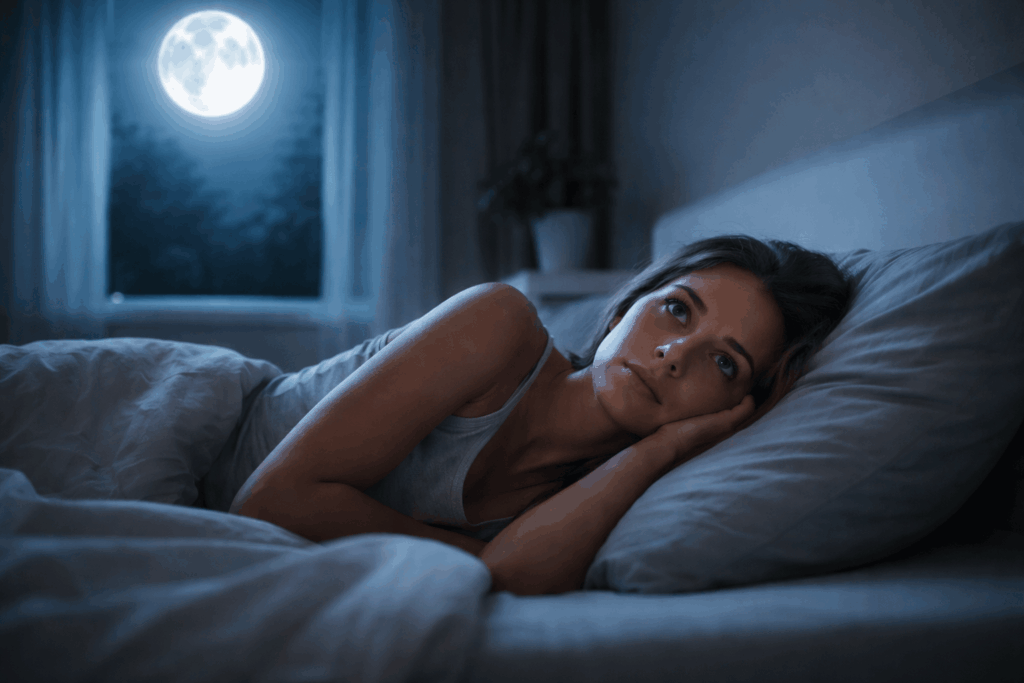 Frau liegt nachts wach im Bett bei Vollmond und kann nicht schlafen – vollmond schlaflos durch unruhiges Nervensystem