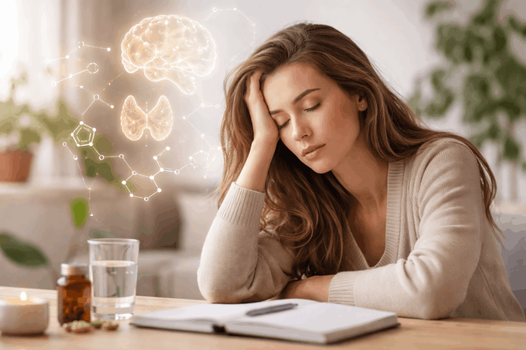 Frau sitzt erschöpft auf dem Sofa und hält sich den Kopf als Symbol für hormonelles Ungleichgewicht und chronische Müdigkeit