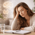 7 hormonelle Ursachen für dauerhafte Erschöpfung – und was wirklich dahinter steckt Frau sitzt erschöpft auf dem Sofa und hält sich den Kopf als Symbol für hormonelles Ungleichgewicht und chronische Müdigkeit