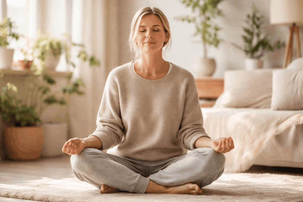 Sanfte Übungen gegen innere Unruhe – Frau entspannt sich mit ruhiger Atemübung in warmem Licht