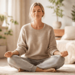 Sanfte Übungen gegen innere Unruhe – Frau entspannt sich mit ruhiger Atemübung in warmem Licht