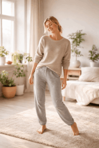 Sanfte Übung gegen innere Unruhe – Frau wiegt den Körper langsam zur Beruhigung des Nervensystems