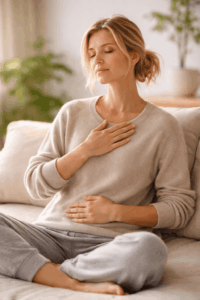 Übung gegen innere Unruhe – Frau legt Hände auf Herz und Bauch zur Beruhigung des Nervensystems