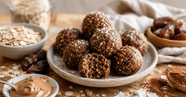 Gesunde Snacks: Haferflocken-Energy-Balls mit Datteln, Haferflocken, Kakao und Mandelmus auf einem Teller