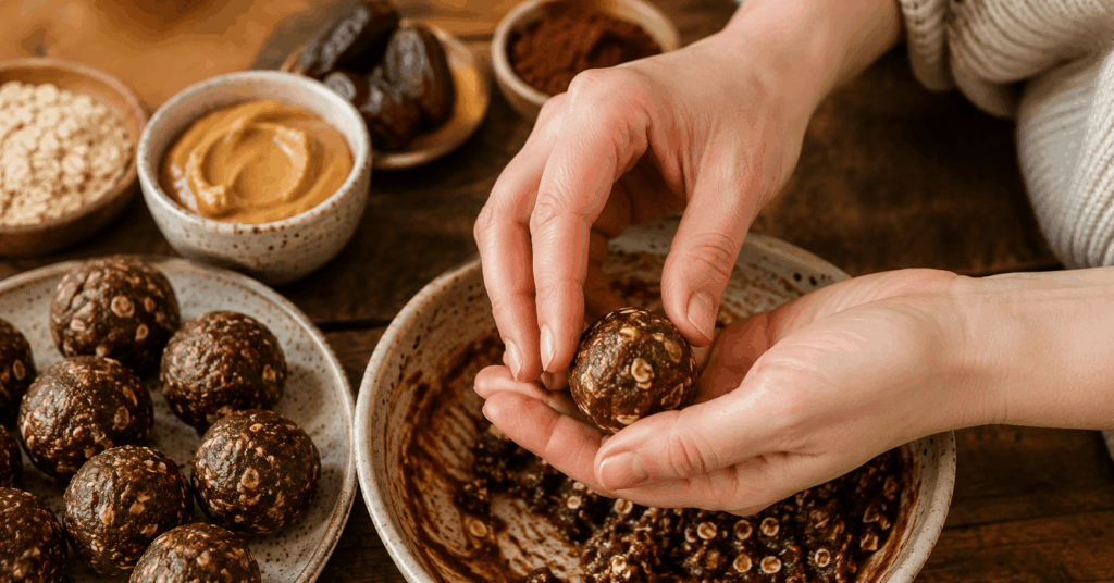 Gesunde Snacks selber machen: Haferflocken-Energy-Balls werden mit den Händen zu kleinen Kugeln geformt