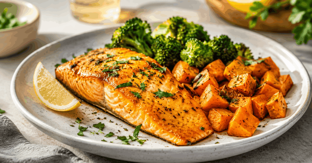 Kurkuma-Ingwer-Lachs mit Süßkartoffeln und Brokkoli als gesundes Abendessen Rezept