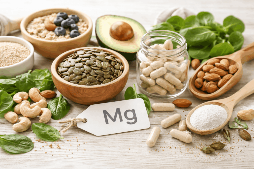 Magnesiumreiche Lebensmittel wie Kürbiskerne, Mandeln, Avocado, Haferflocken und Magnesiumkapseln auf hellem Holztisch