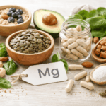 Magnesiumreiche Lebensmittel wie Kürbiskerne, Mandeln, Avocado, Haferflocken und Magnesiumkapseln auf hellem Holztisch