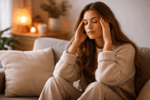 Erschöpfte Frau sitzt ruhig im warmen Licht als Symbol für Stress und möglichen Magnesiummangel