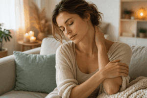 Frau massiert Nacken bei Verspannungen als typisches Symptom von Magnesiummangel und Stress