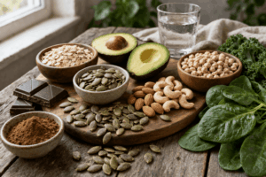 Magnesiumreiche Lebensmittel wie Avocado, Nüsse, Kürbiskerne, Haferflocken und grünes Blattgemüse auf Tisch