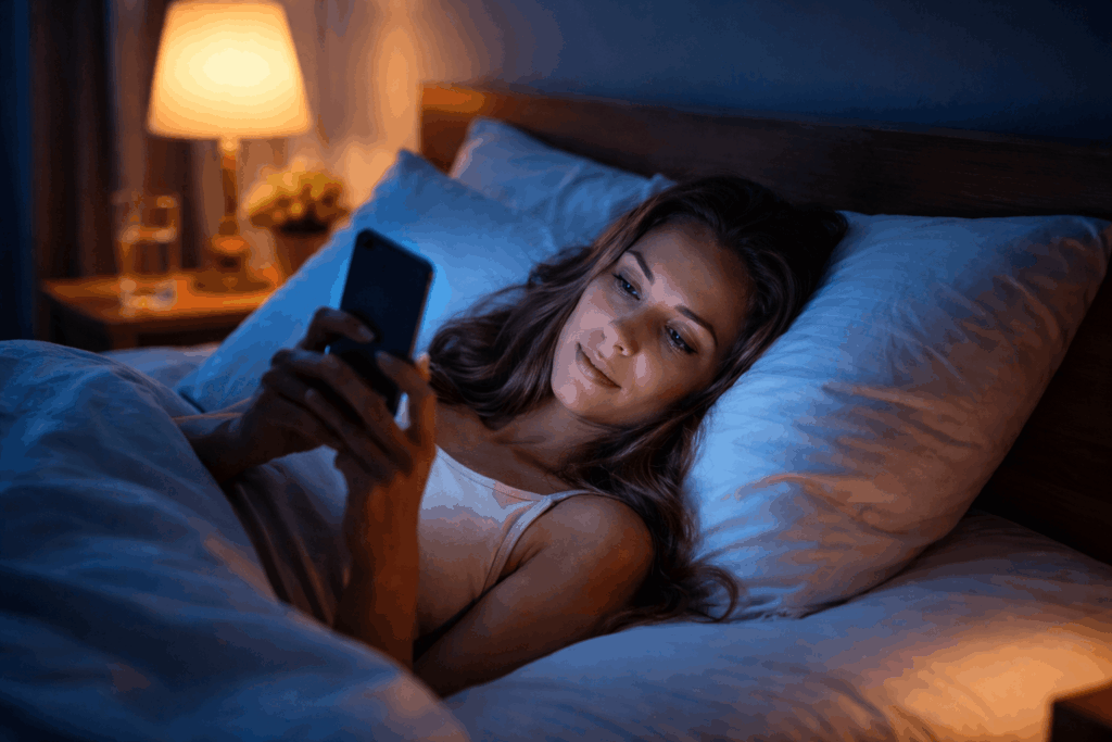 Frau liegt abends im Bett und schaut aufs Handy – Bildschirmlicht verursacht Schlafprobleme und stört den Schlafrhythmus