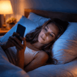 Handy am Abend zerstört deinen Schlafrhythmus – Tipps gegen Schlafprobleme, die wirklich helfen Frau liegt abends im Bett und schaut aufs Handy – Bildschirmlicht verursacht Schlafprobleme und stört den Schlafrhythmus