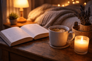 Abendroutine gegen Schlafprobleme mit Tee, Buch und warmem Licht zur Beruhigung des Nervensystems vor dem Schlafen