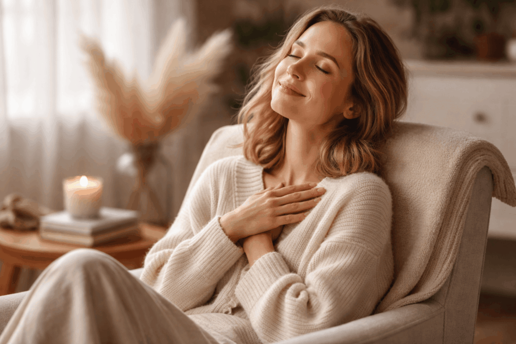 Frau entspannt sich mit Tee auf Sofa bei ruhiger Selbstfürsorge Pause ohne schlechtes Gewissen