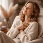 Frau entspannt sich mit Tee auf Sofa bei ruhiger Selbstfürsorge Pause ohne schlechtes Gewissen