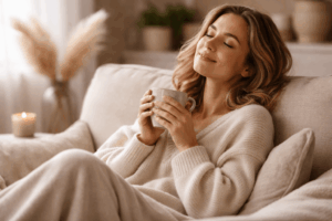 Frau genießt ruhigen Selbstfürsorge Moment mit Tee auf dem Sofa und entspannt ohne schlechtes Gewissen