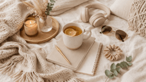 Selbstfürsorge Ideen mit Tee Tagebuch Kerze und Decke für entspannte Pause im Alltag